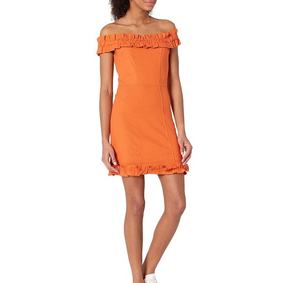 NEW KENDALL + KYLIE Linen Blend Off The Shoulder Ruffle Tangerine Dress, Sz 4-6 - Picture 2 of 15